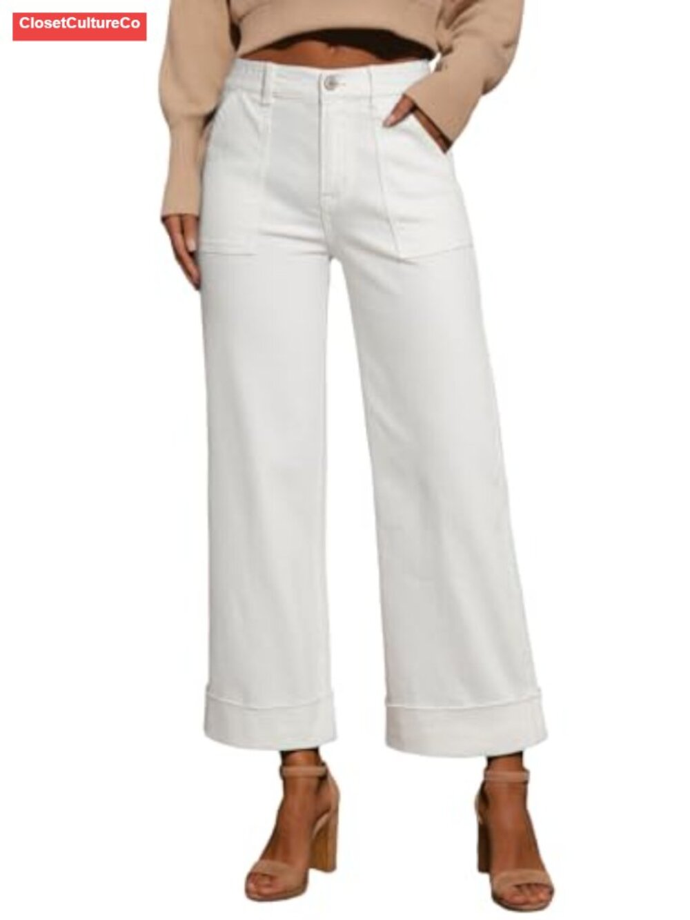High Waist Wide Leg Cropped Jeans Stretch Denim Pants with Pockets